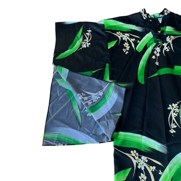 VTG Andrade Honolulu Polynesian Kimono Style Caftan Black Green Floral Size 12 - Picture 7 of 13